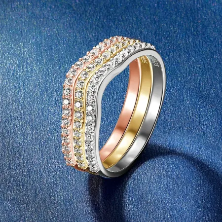 IOGOU Moissanite Stackable Curved Ring for Women 925 Silver Pated Rose Gold Half Eternity Bands Certified Finger Fine Jewelry