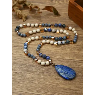 Handmade Long Necklace with Blue Lapis Lazuli Pendant, Natural Stone & Crystal Beads, Boho Style