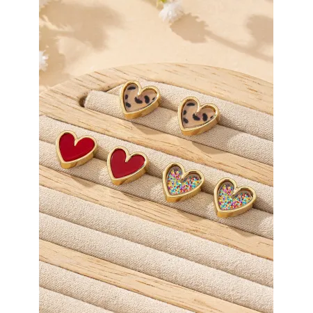 3 Pairs Heart Stud Earrings: Red, Leopard Print & Confetti Glitter, Gold-Tone Alloy for Everyday Wear