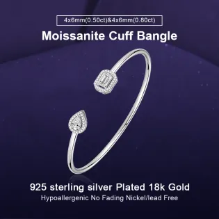IOGOU 0.5CT Pear Cut&0.8CT Emerald Cut Twin Diamond Moissanite Cuff Bangle for Women Luxury Original Pure 925 silver Party Gift