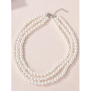 3-Strand Faux Pearl Layered Necklace for Women, Silver-Tone Clasp