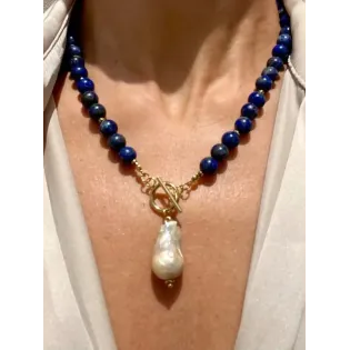 Lapis Lazuli Bead Necklace with Baroque Pearl Pendant and Gold-Tone Toggle Clasp