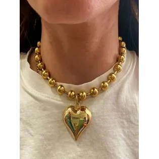 Gold-Tone Beaded Chain Necklace with Polished Heart Pendant for Women