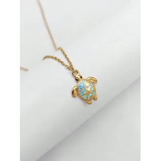 Gold Plated Stainless Steel Turtle Pendant Necklace with Blue Enamel Starfish Design