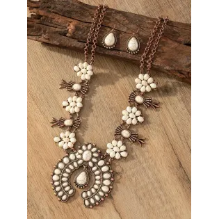 Boho Style White Stone Floral Pendant Necklace & Drop Earrings Set