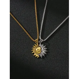 2-Pack Sun and Moon Face Pendant Necklace Set in Gold & Silver Tone