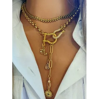 Gold-Tone Layered Chain Necklace with Crystal-Embellished Clasp, Zodiac Symbol & Sunburst Eye Charm