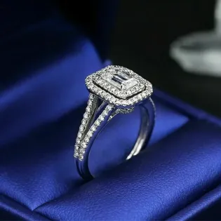 IOGOU Luxury Sterling Silver 925 Wedding Rings for Women 7x9mm Emerald Cut Cubic Zircon Halo Engagement Ring Vintage Jewellery