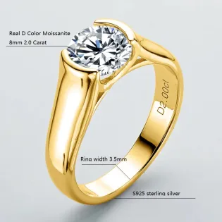 IOGOU 18K Gold Plated Engagement Rings 8mm 2.0carat D Color VVS1 Moissanite Diamond Rings for Women Men 100% Silver 925 Jewelry