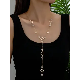 Gold-Tone Y-Shape Long Necklace with Hollow Clover Charms and Pearl Accents