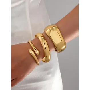 3pcs/Set Minimalist Geometric Metal Bangle Bracelet Set, Thick Solid Gold-Tone Alloy Material, Suitable For WomenCV