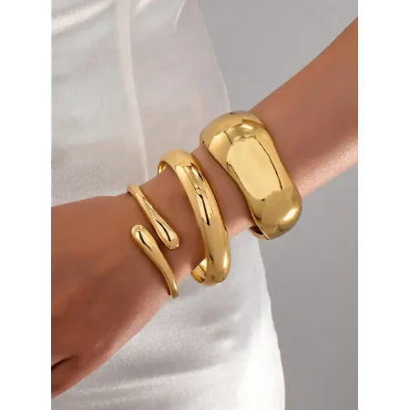 3pcs/Set Minimalist Geometric Metal Bangle Bracelet Set, Thick Solid Gold-Tone Alloy Material, Suitable For WomenCV