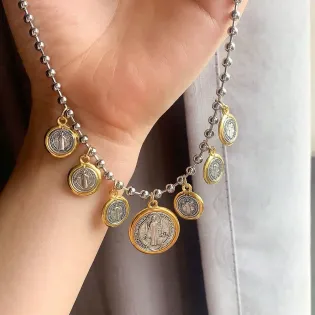 Multi-Charm Religious Pendant Necklace with Ball Chain, Gold & Silver Tone Metal Alloy