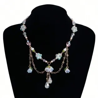 Pastel Floral Layered Necklace with Crystal Beads and Pearl Accents