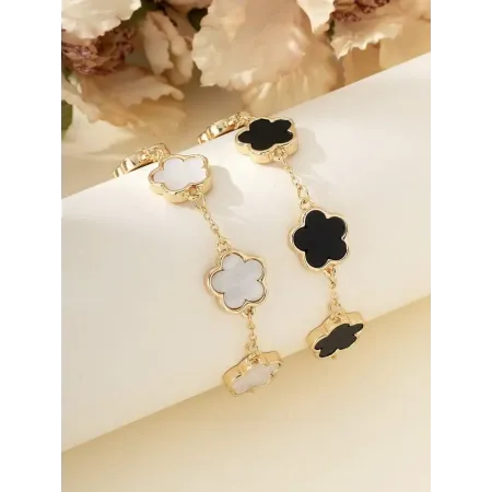 2pcs Gold-Tone Black & White Floral Charm Chain Bracelet Set for Women