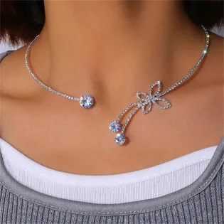 Rhinestone Floral Choker Necklace with Bowknot Detail for Women